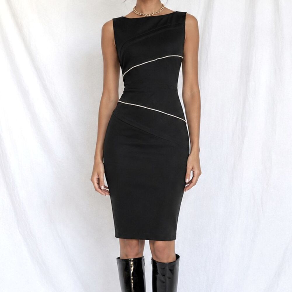 Vintage Y2K 90s Black Sleeveless Knee Length Bodycon Zipper Detail Dress Size M